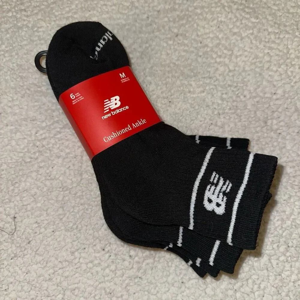 New Balance Women’s Cushioned Ankle Socks Pack of 6 Solid Black Medium NWT